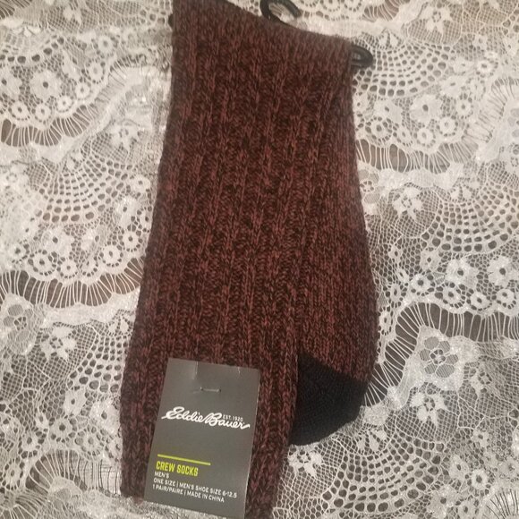 Eddie Bauer Men's Wool blend crew socks- 1 pair Burgundy & Black - Picture 1 of 4